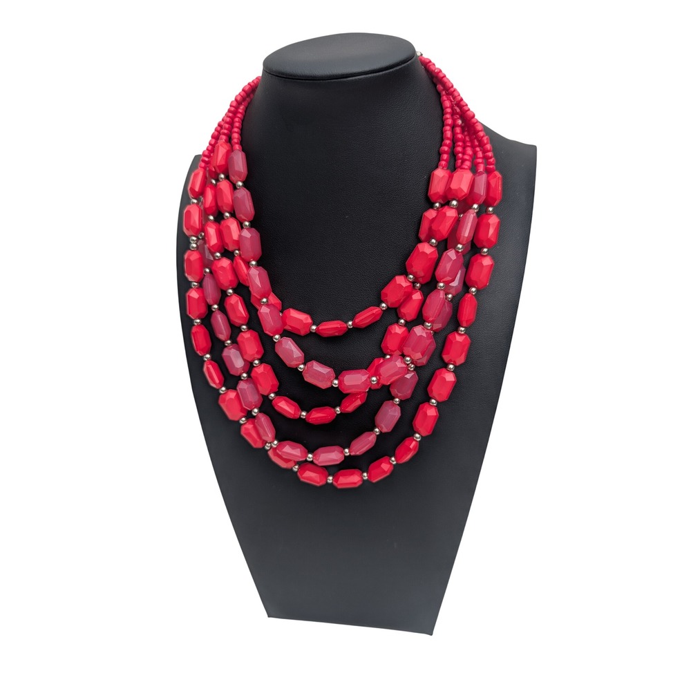 Red Multi Strand Faceted Bead Statement Necklace Pink Silver Tone Accents
